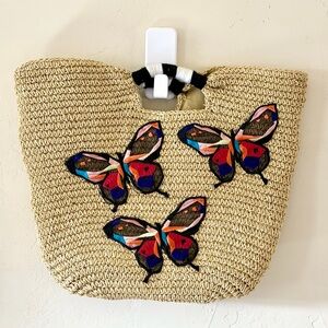 Bay Sky Tan Raffia XL Beach Tote Bag With Multicolored Butterflies EUC 16”x14”
